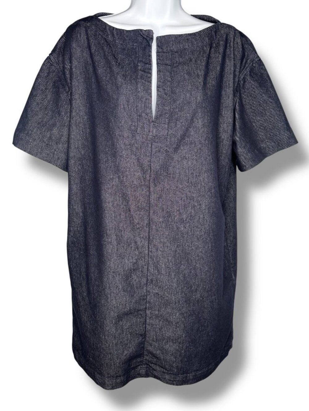 Theory Short Sleeve Denim Shift Dress Dark Wash Pockets Collarless blue